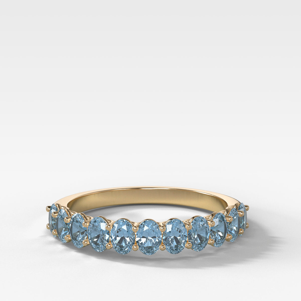 Petite Shared Prong Wedding Band with Aquamarine Oval Gemstones