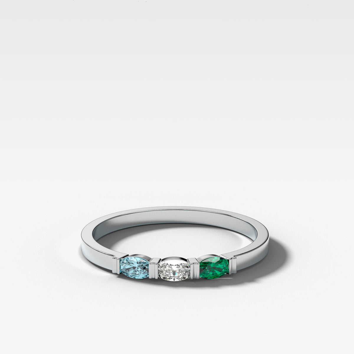 Three Stone Oval Wedding Band with Green Emerald and Aquamarine Gemstones