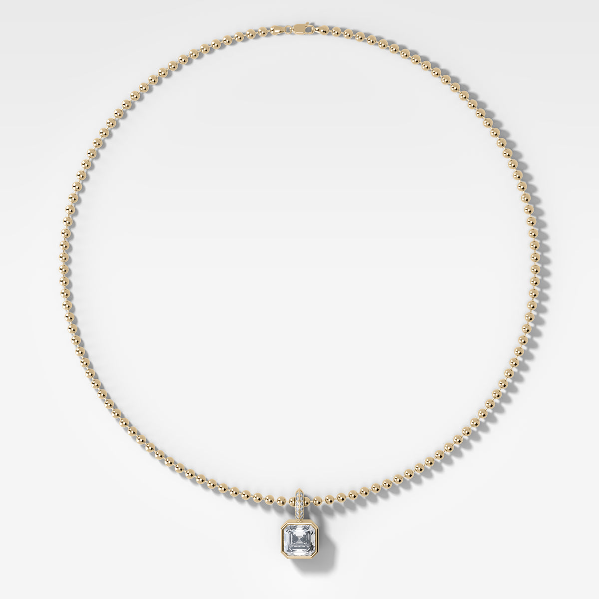 Bezel Set Asscher Attachable Diamond Pendant with Pavé Knife Edge Bail and Beaded Chain (3mm)