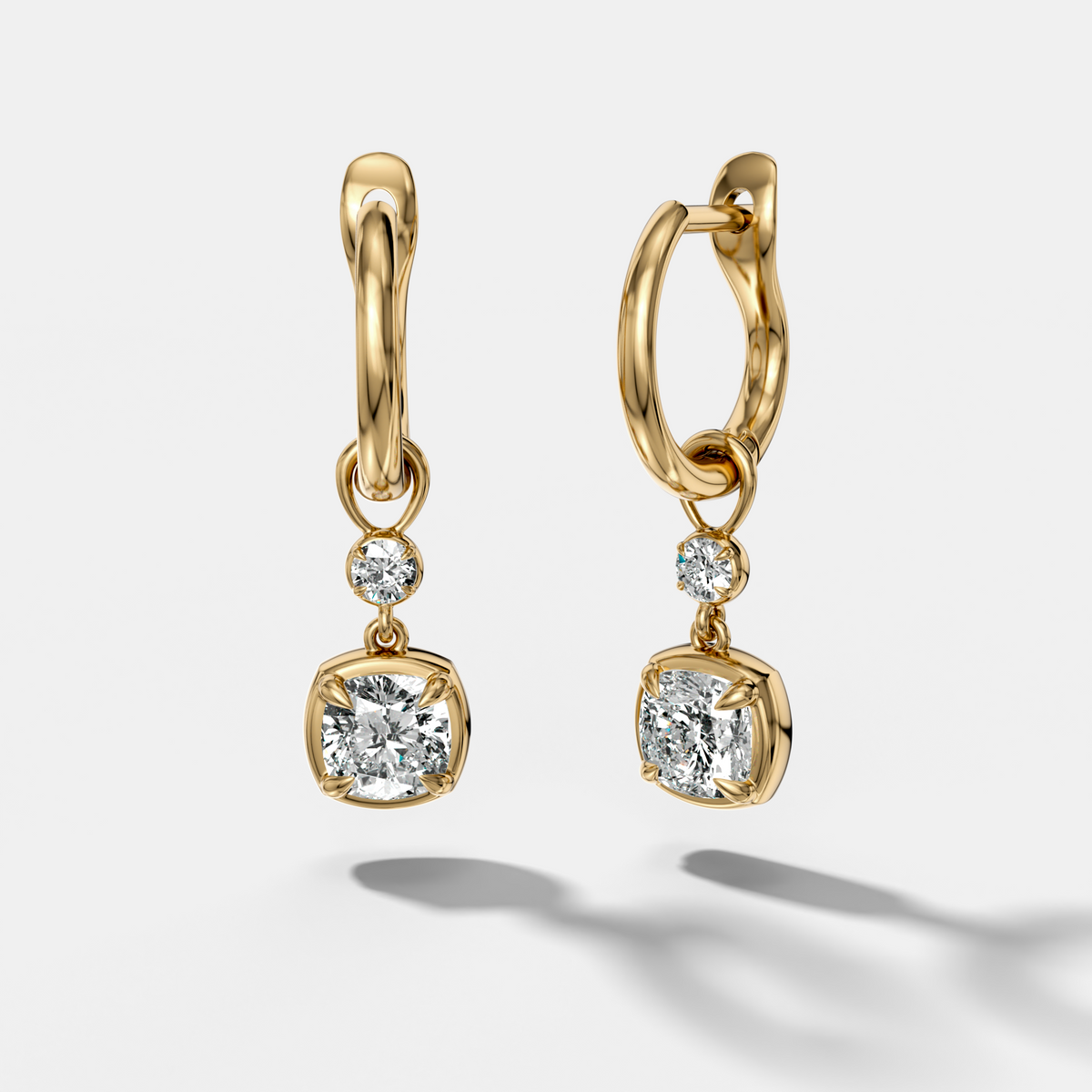 Reversed Mini Tiered Bezel Drop Huggies with Cushion Cut Diamonds