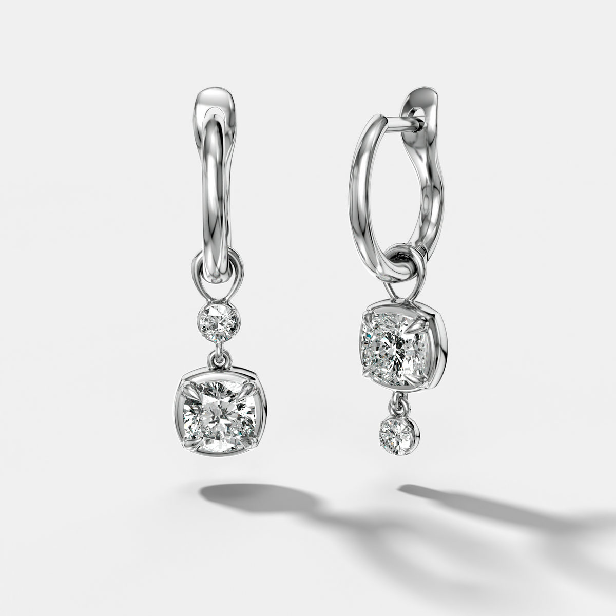 Alternating Mini Tiered Bezel Drop Huggies with Cushion Cut Diamonds