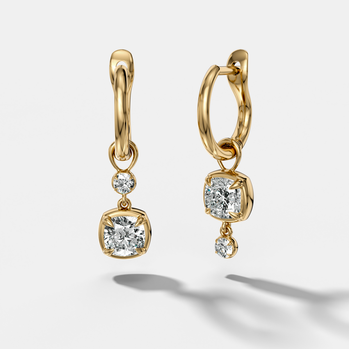 Alternating Mini Tiered Bezel Drop Huggies with Cushion Cut Diamonds