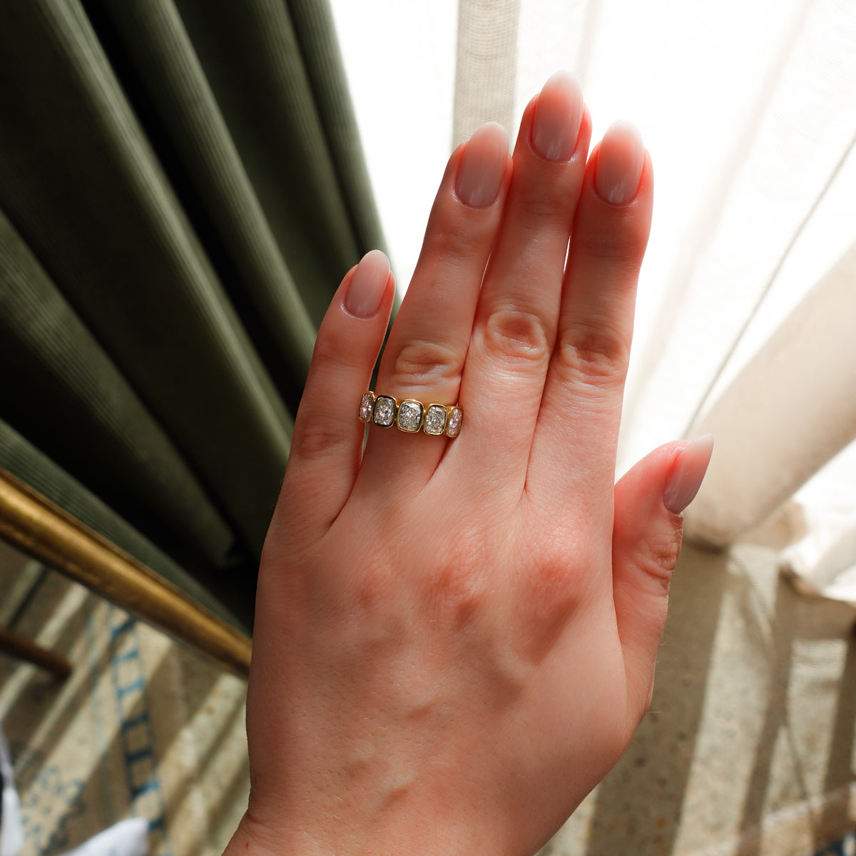 Five Stone Bezel Set Diamond Band With Elongated Cushion Cuts (2.50ctw)