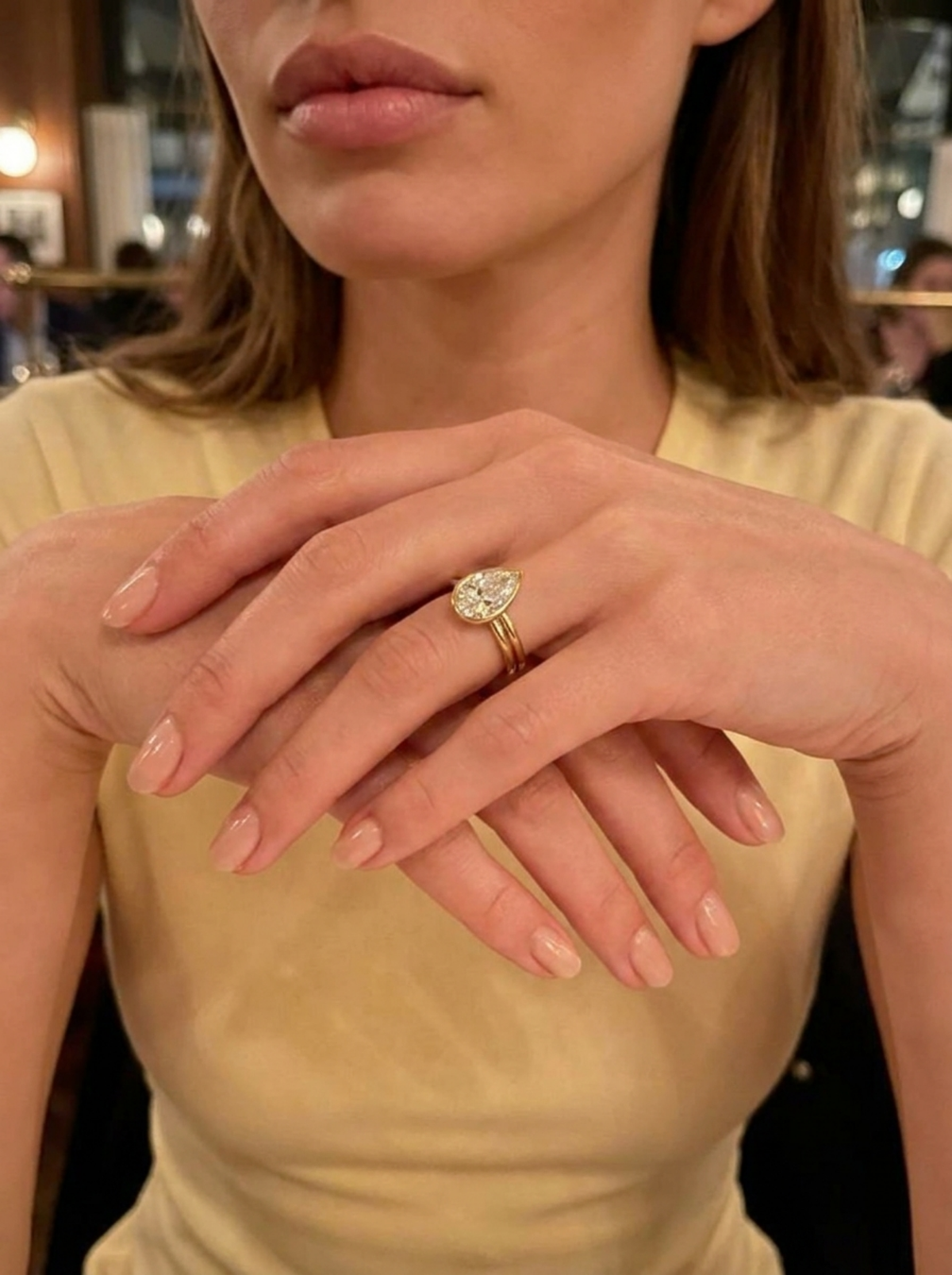 Double Row Penumbra Bezel Engagement Ring With Pear Cut Diamond