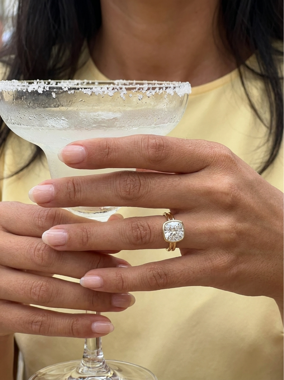 Double Row Penumbra Bezel Engagement Ring With Square Cushion Cut Diamond