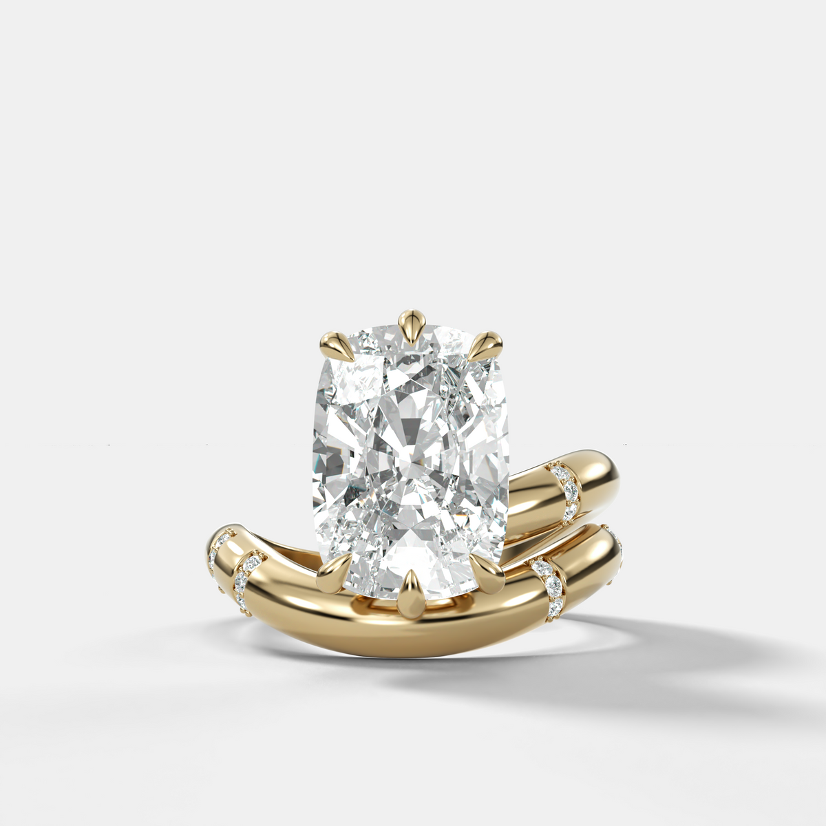 Elongated Cushion Cut Diamond Contoured Pavé Wrap Engagement Ring