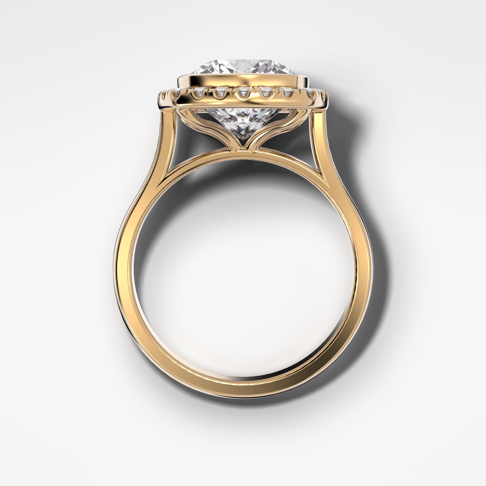 Bezel Set Halo Engagement Ring With Elongated Cushion Cut by Good Stone in Yellow Gold