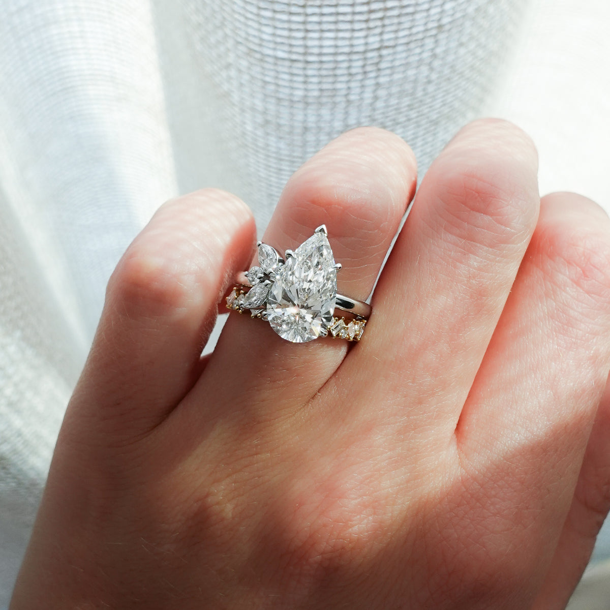 Lotus Engagement Ring With Lab Grown 4.14ct Pear Cut Diamond