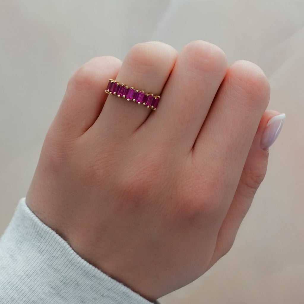 Pink Sapphire Baguette Stackable Ring Band Good Stone Inc Yellow Gold 14k Natural