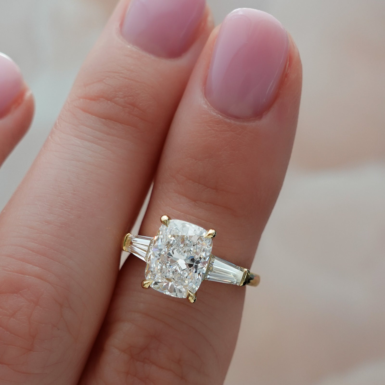 Translunar Tapered Baguette Engagement Ring With Elongated Cushion Cut by Good Stone in Yellow Gold