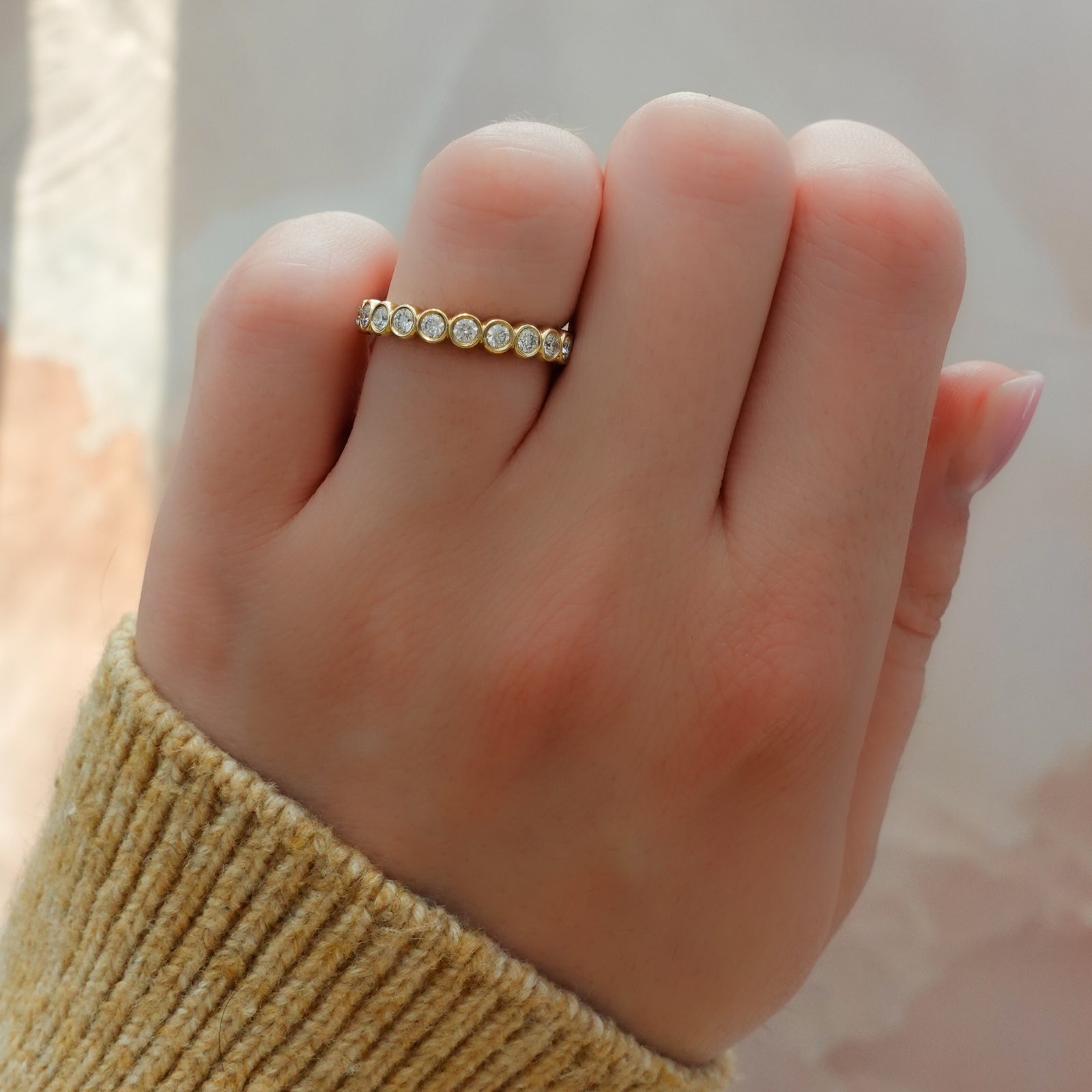 Baby Bezel Set Halfway Wedding Band with Round Cuts Band Good Stone Inc Yellow Gold 14k Natural