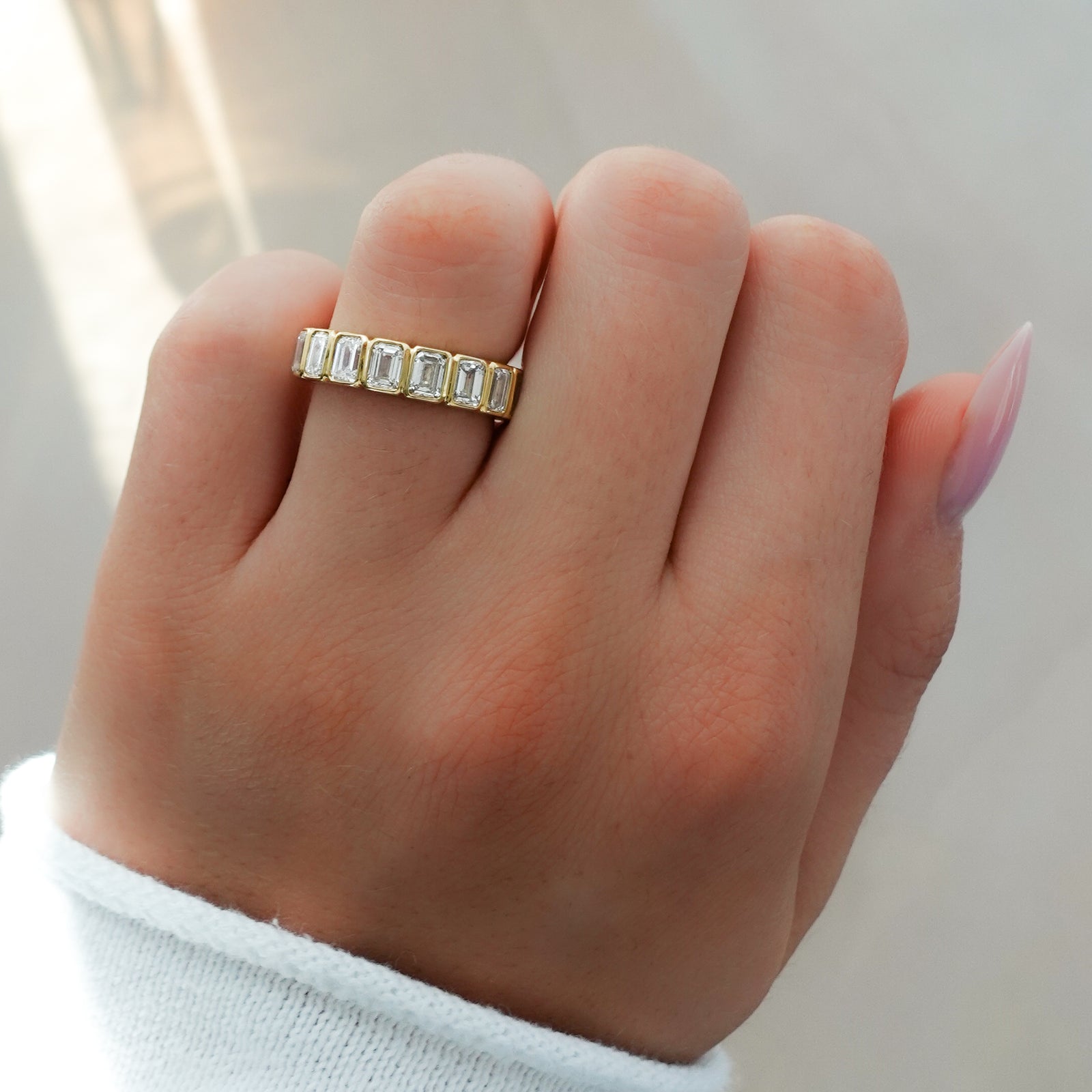 Bezel Set Eternity Band With Emerald Cuts by Good Stone in Yellow Gold