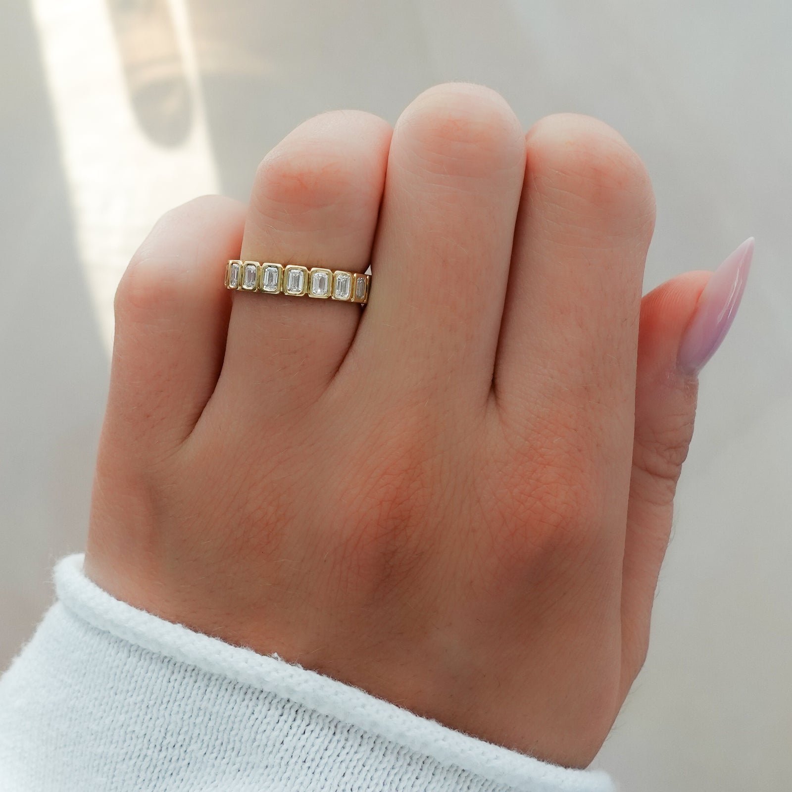 Baby Bezel Set Eternity Band With Emerald Cuts in Yellow Gold by Good Stone