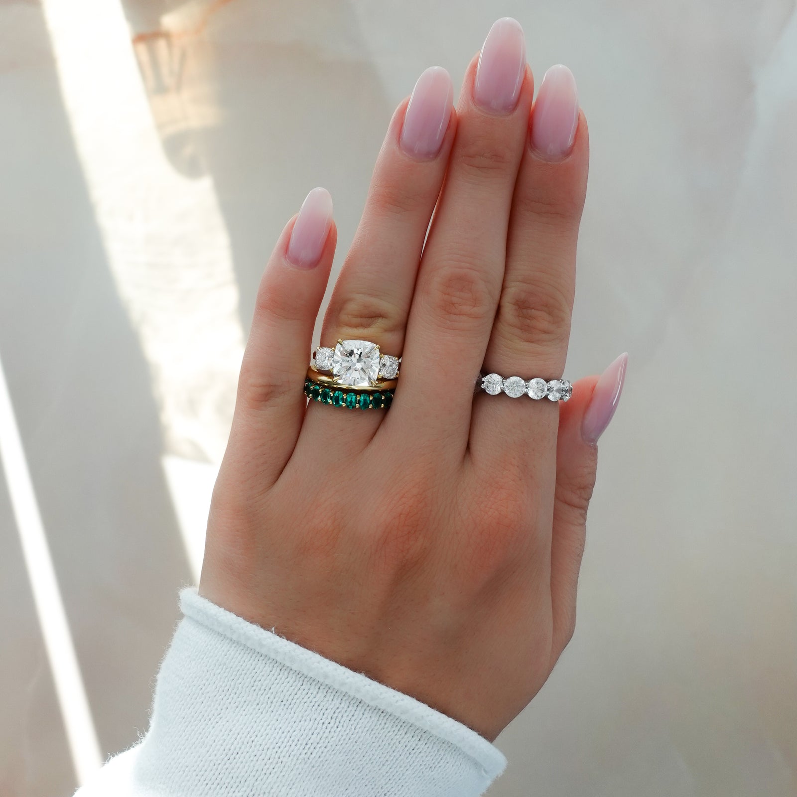 Triad Ring With 3ct Cushion Cut by Good Stone in Yellow Gold