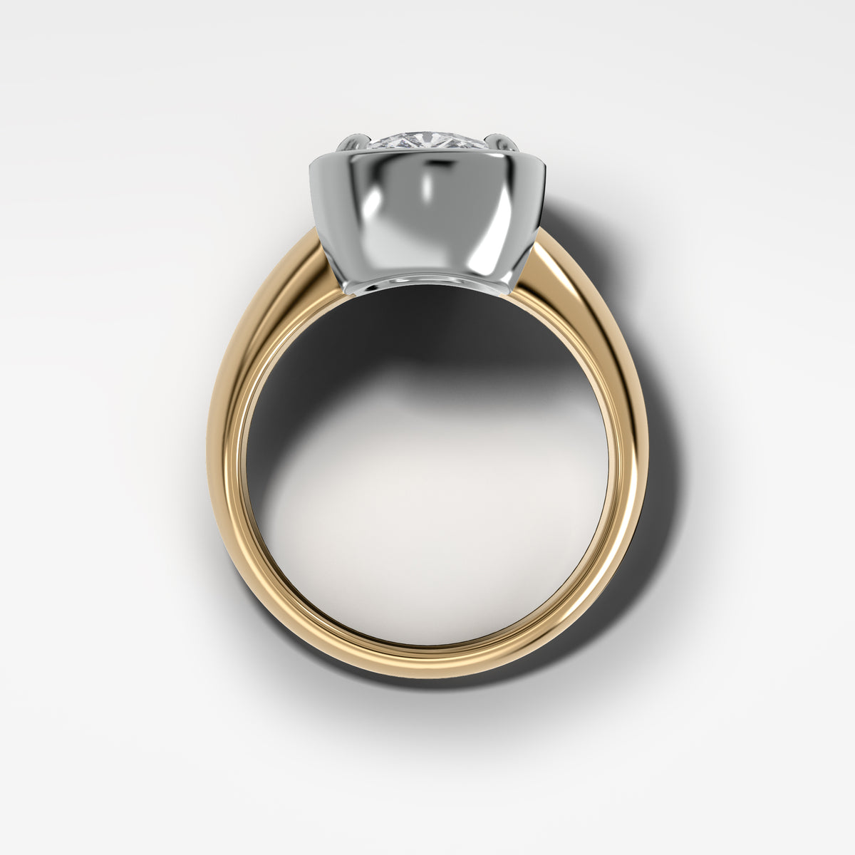 Mixed Metal Club Ring Solitaire Engagement Ring With an Elongated Cushion Cut Diamond