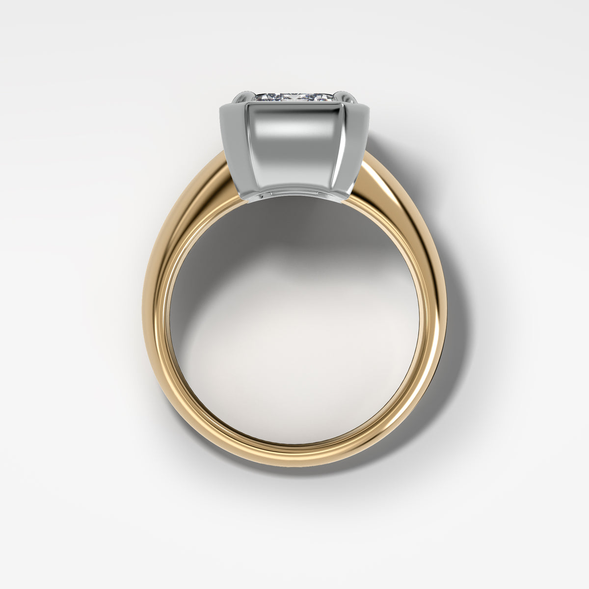 Mixed Metal Club Ring Solitaire Engagement Ring With an Emerald Cut Diamond