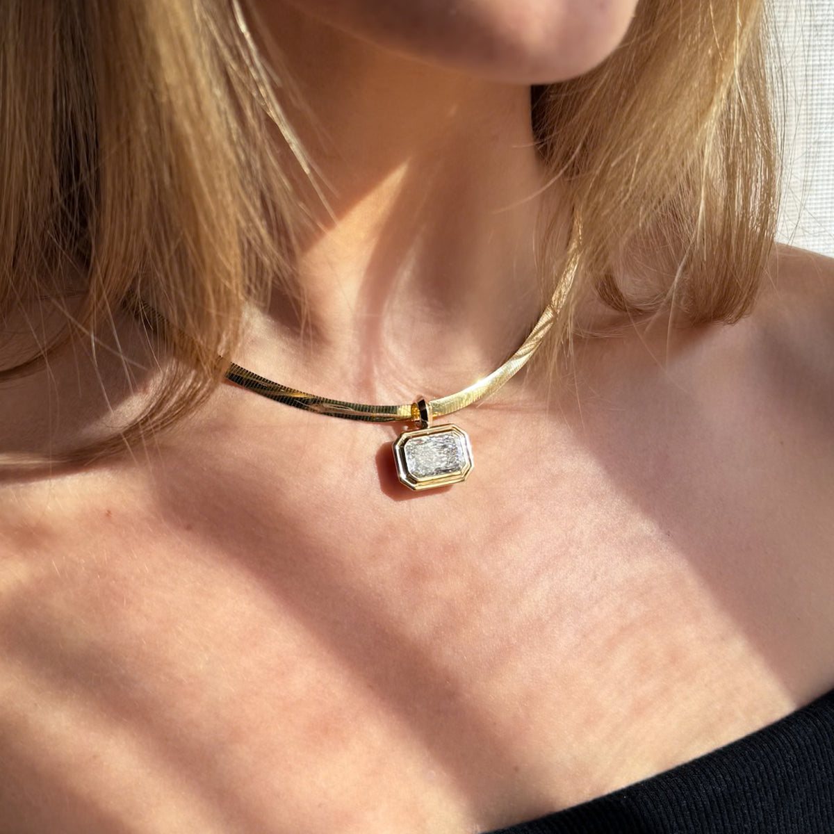 Double Bezel East West Elongated Radiant Attachable Diamond Pendant