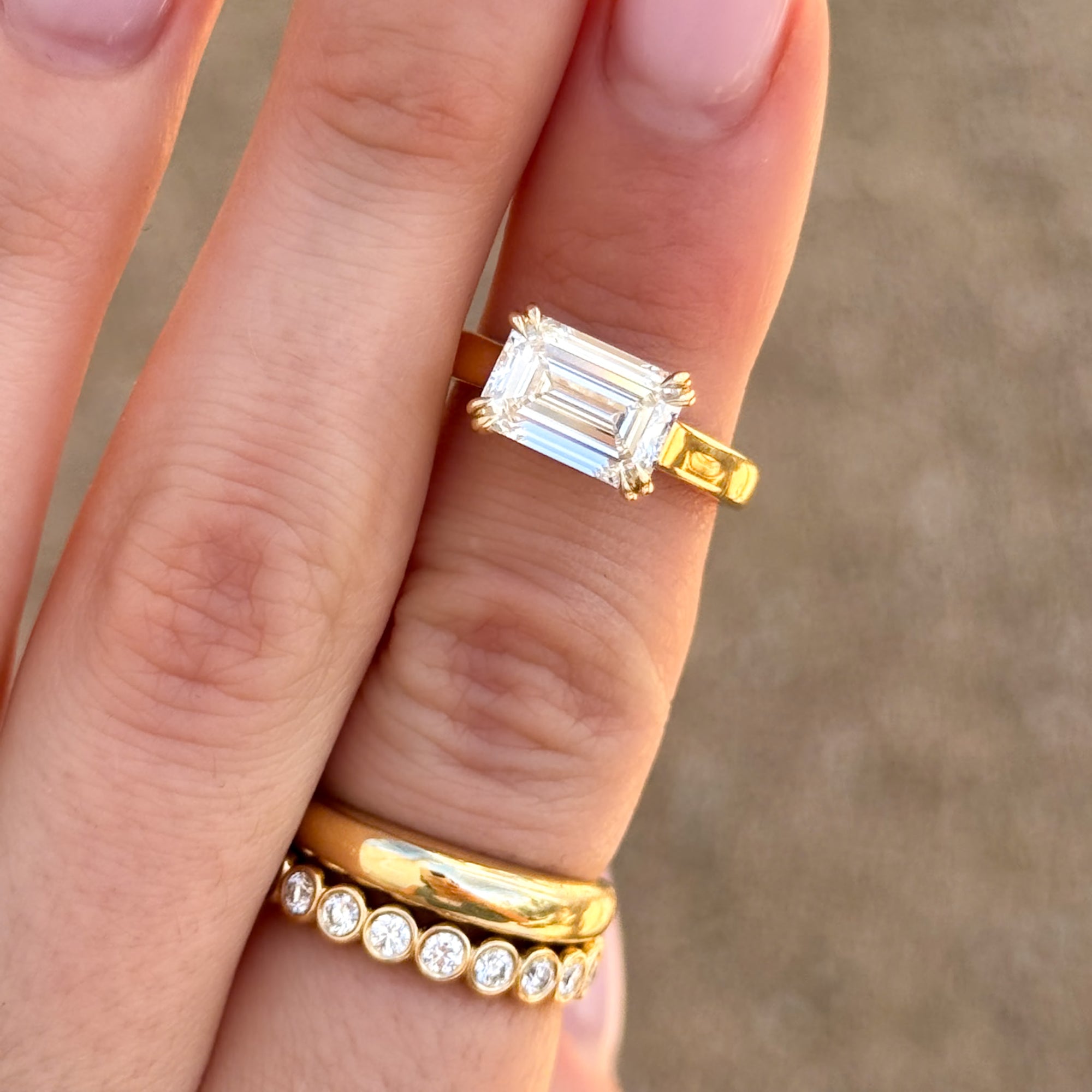 Signature Cathedral Solitaire With Emerald Cut (East West) by Good Stone in Yellow Gold