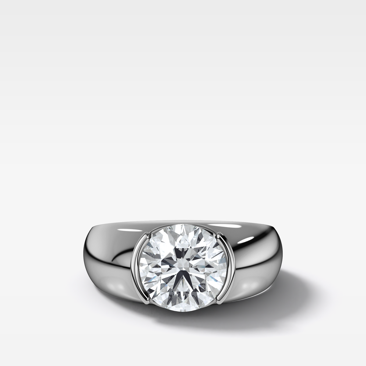Half Bezel Dome Engagement Ring with Round Cut Diamond