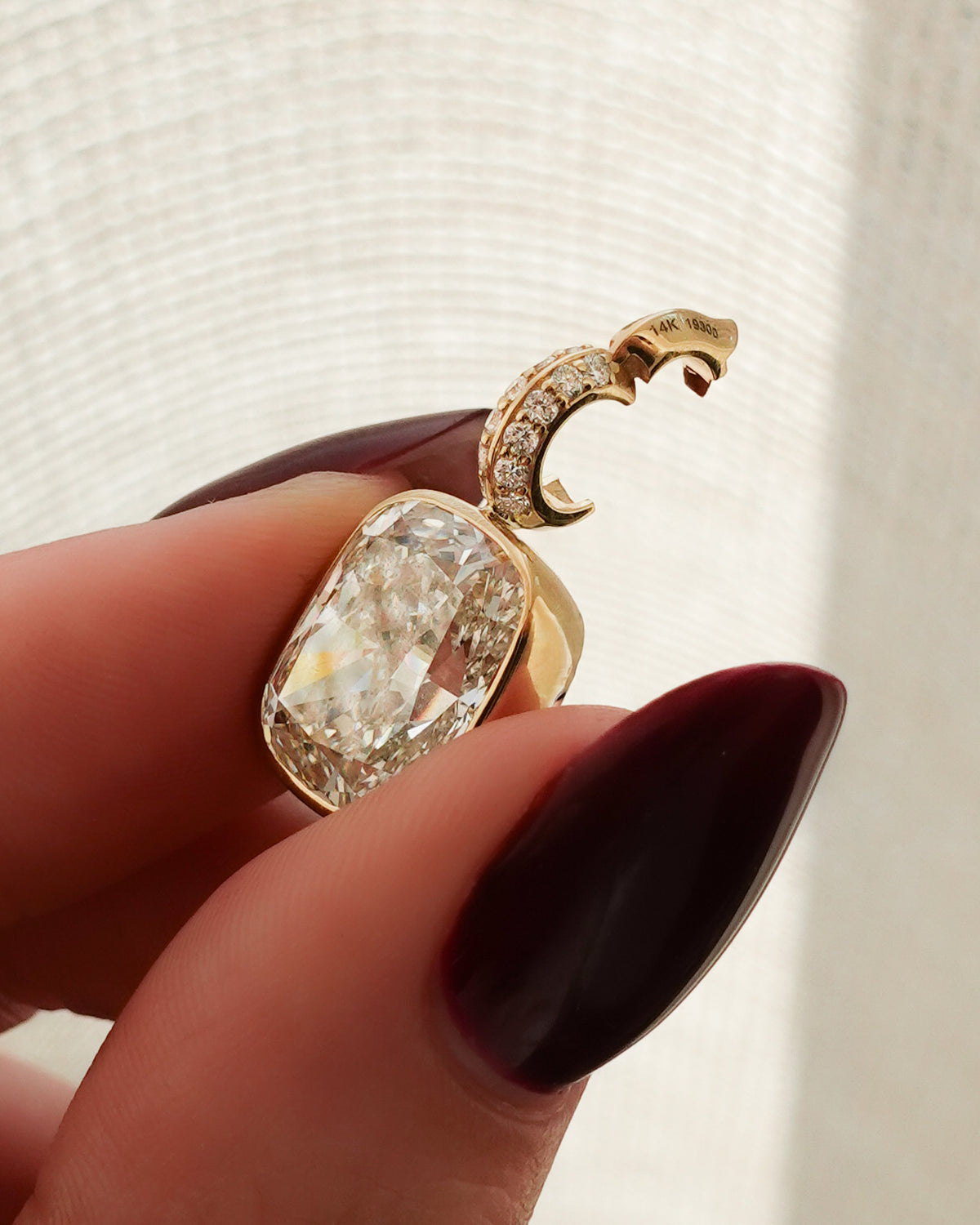 Bezel Set Elongated Cushion Attachable Diamond Pendant with Pavé Knife Edge Bail