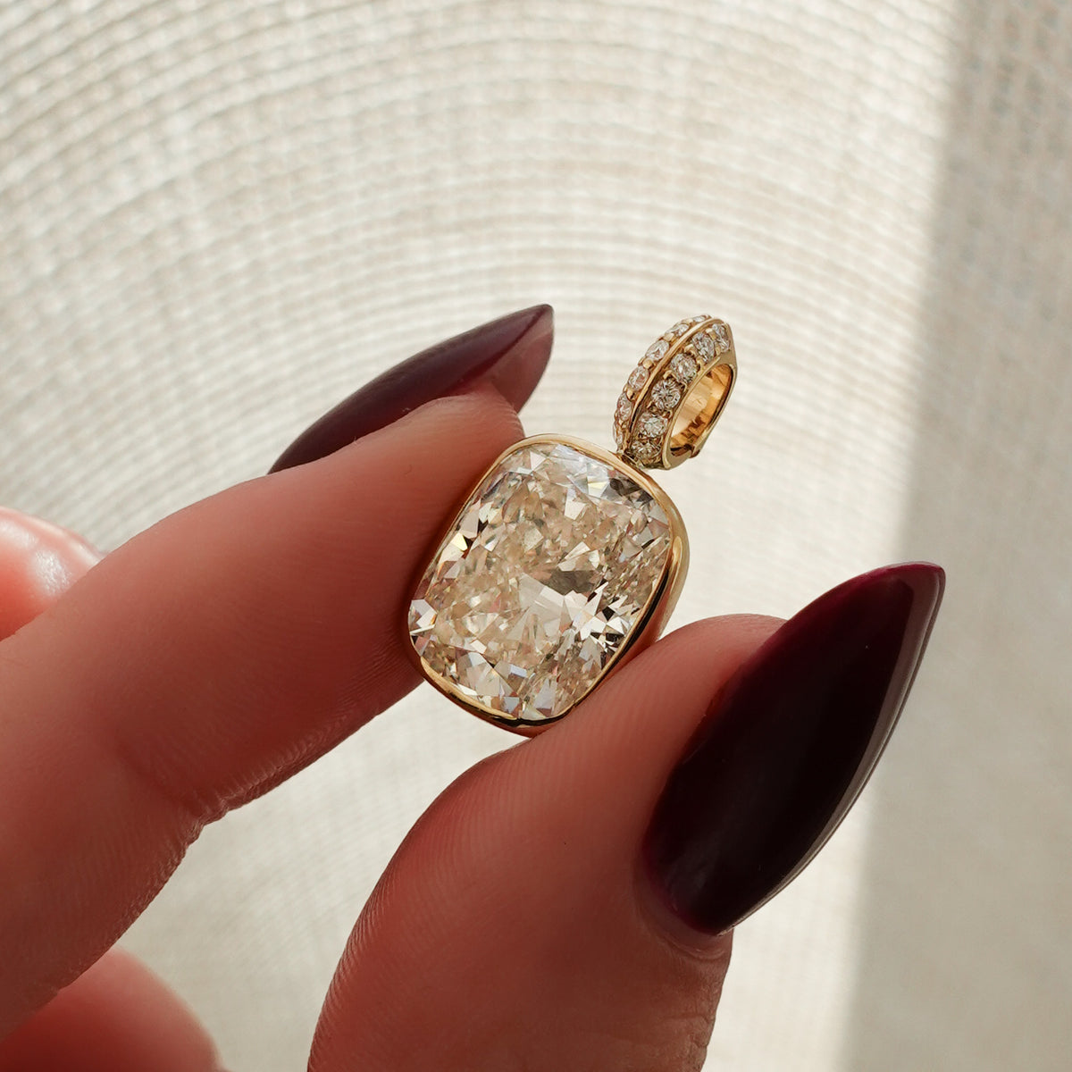 Bezel Set Elongated Cushion Attachable Diamond Pendant with Pavé Knife Edge Bail