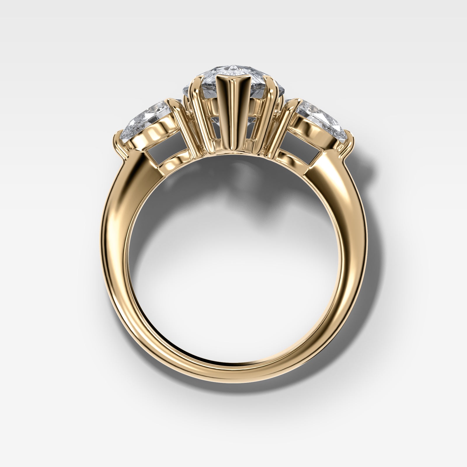 Three Stone Engagement Ring With Pear Side Stones and Pear Cut by Good Stone in Yellow Gold