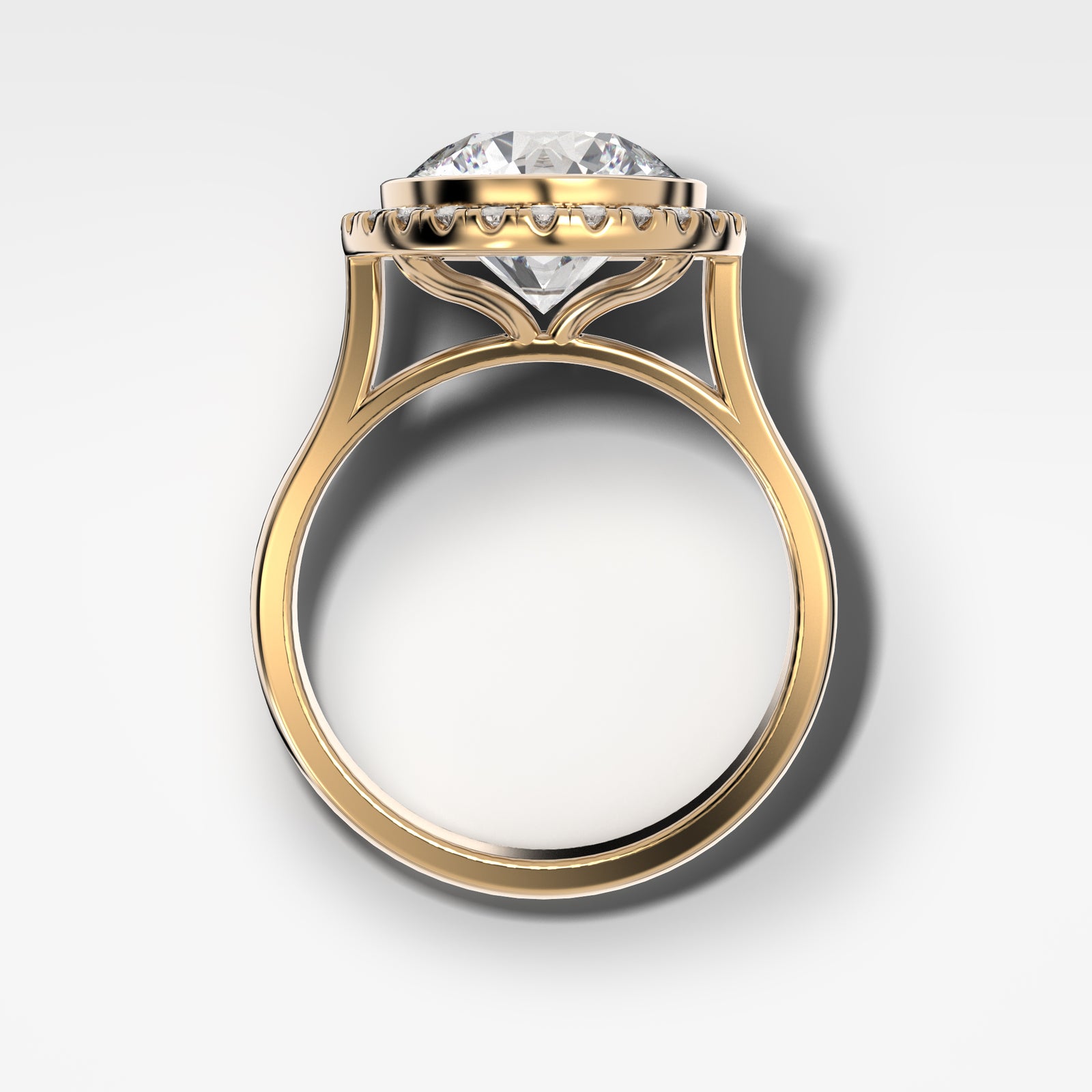 Bezel Set Halo Engagement Ring With Round Cut by Good Stone in Yellow Gold