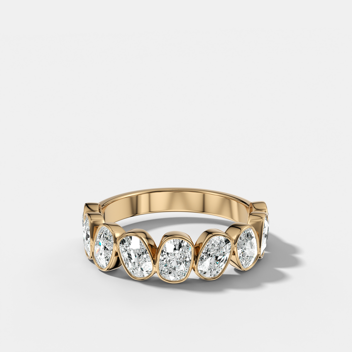 Tilted Bezel Set Wedding Band with Cushion Cuts
