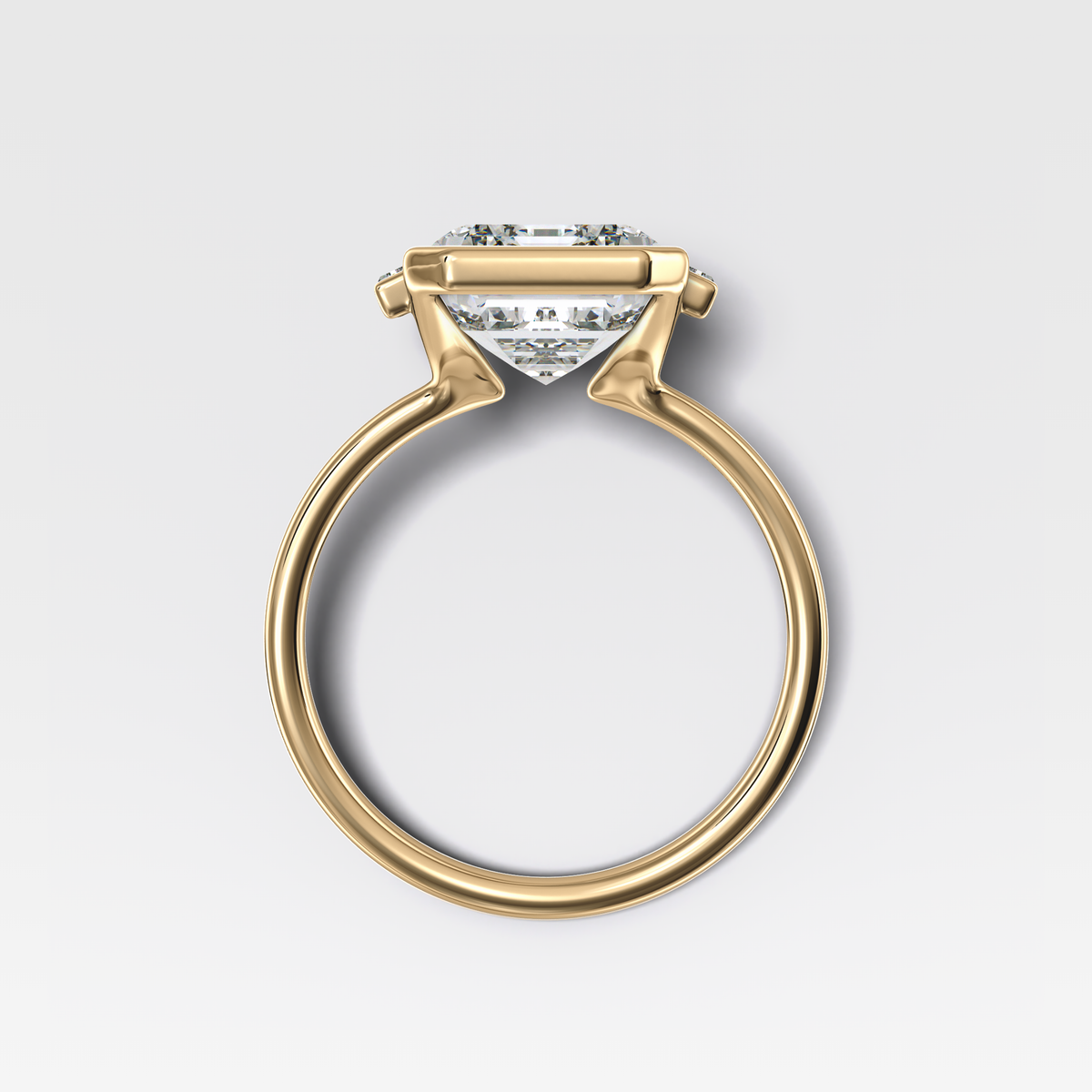 Three Stone Half Bezel Engagement Ring with Mini Baguette Side Stones and Emerald Cut Diamond No.1