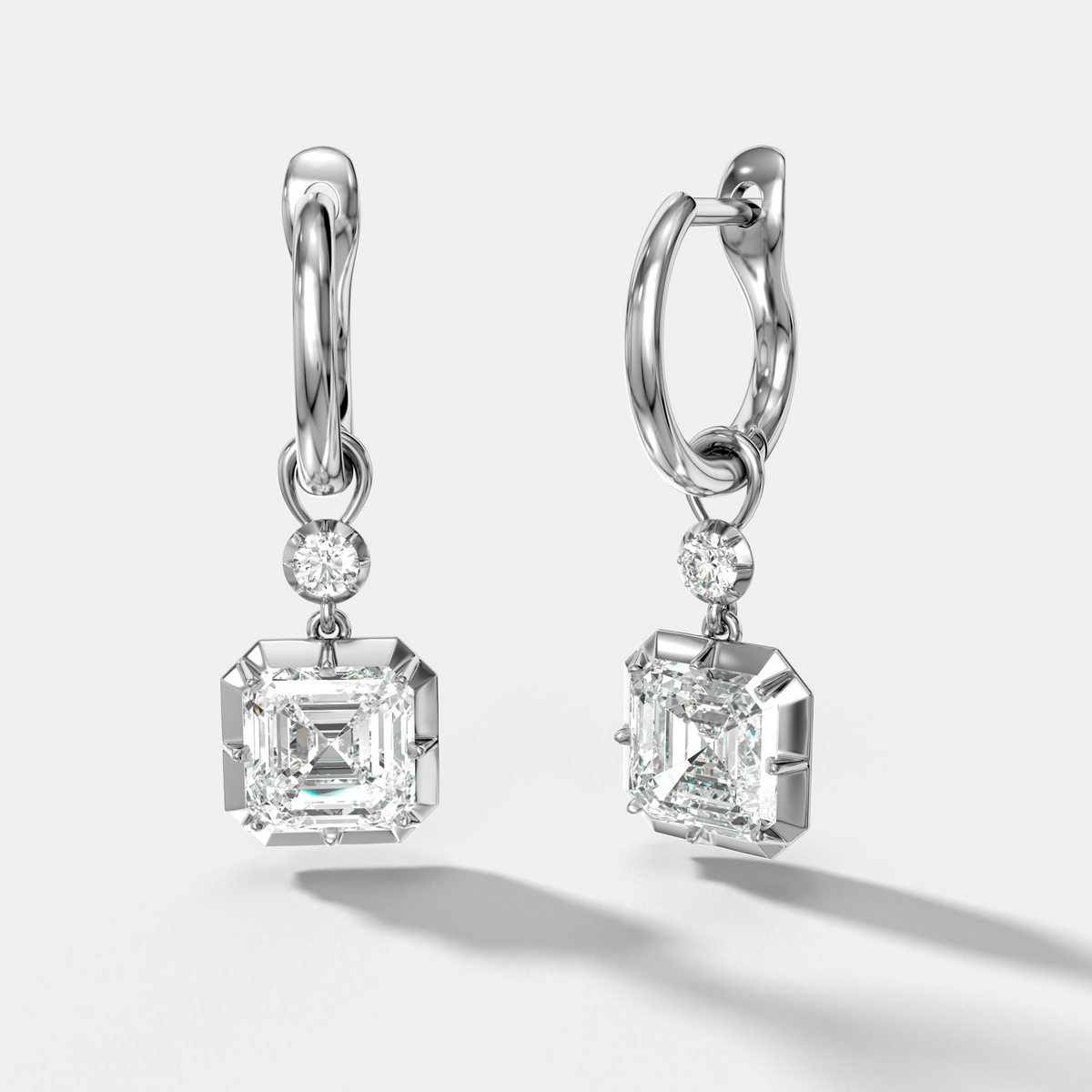 Reversed Tiered Button Back Drop Huggies with Asscher Cut Diamonds