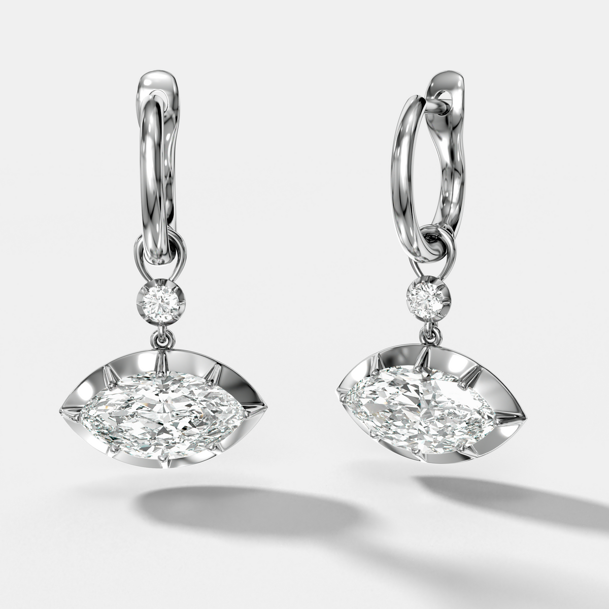 Reversed Tiered Button Back Drop Huggies with Marquise Cut Diamonds