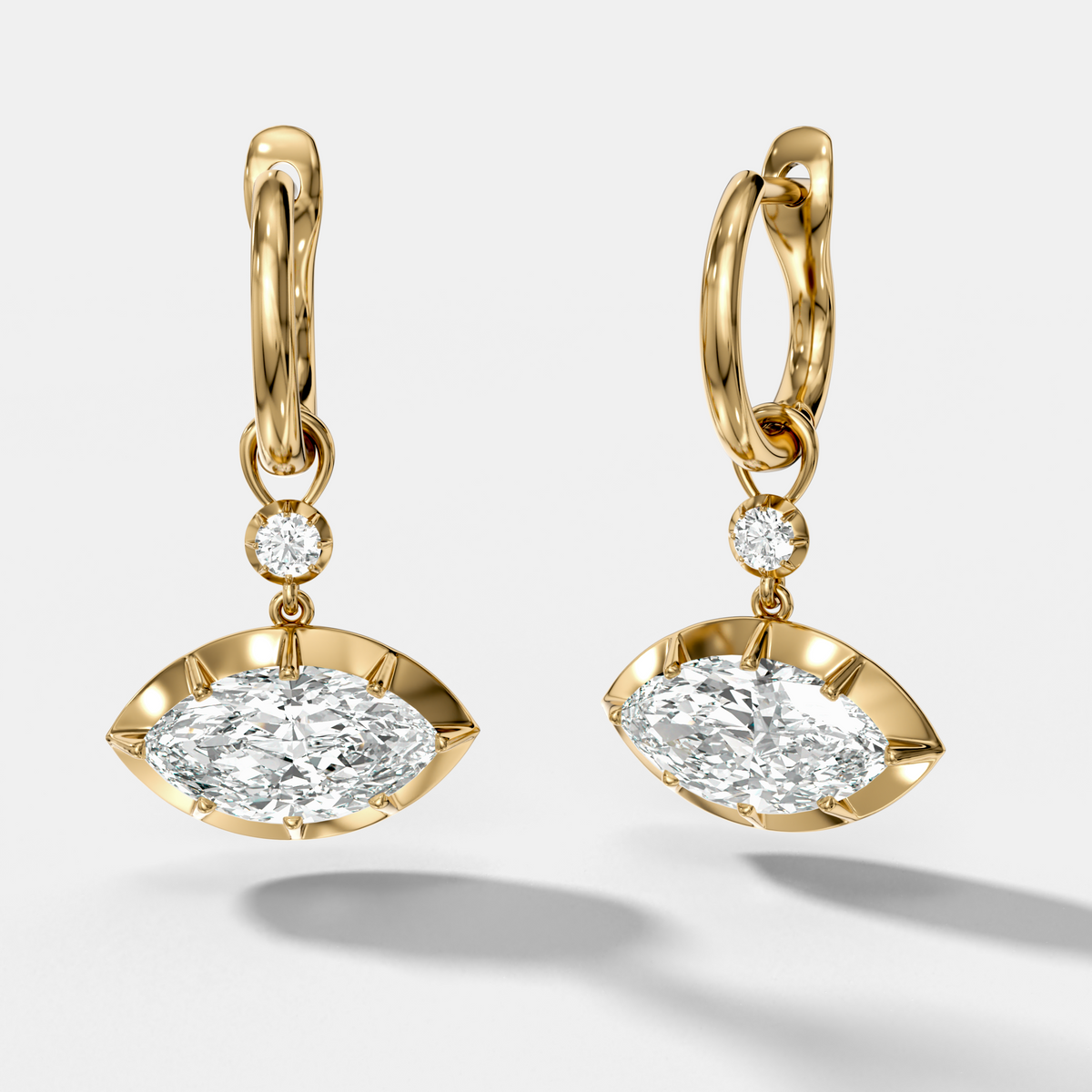 Reversed Tiered Button Back Drop Huggies with Marquise Cut Diamonds