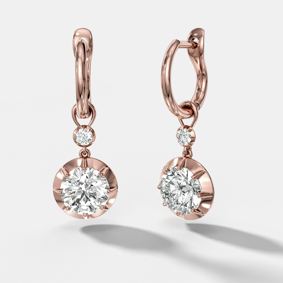 Reversed Tiered Button Back Drop Huggies with Round Cut Diamonds