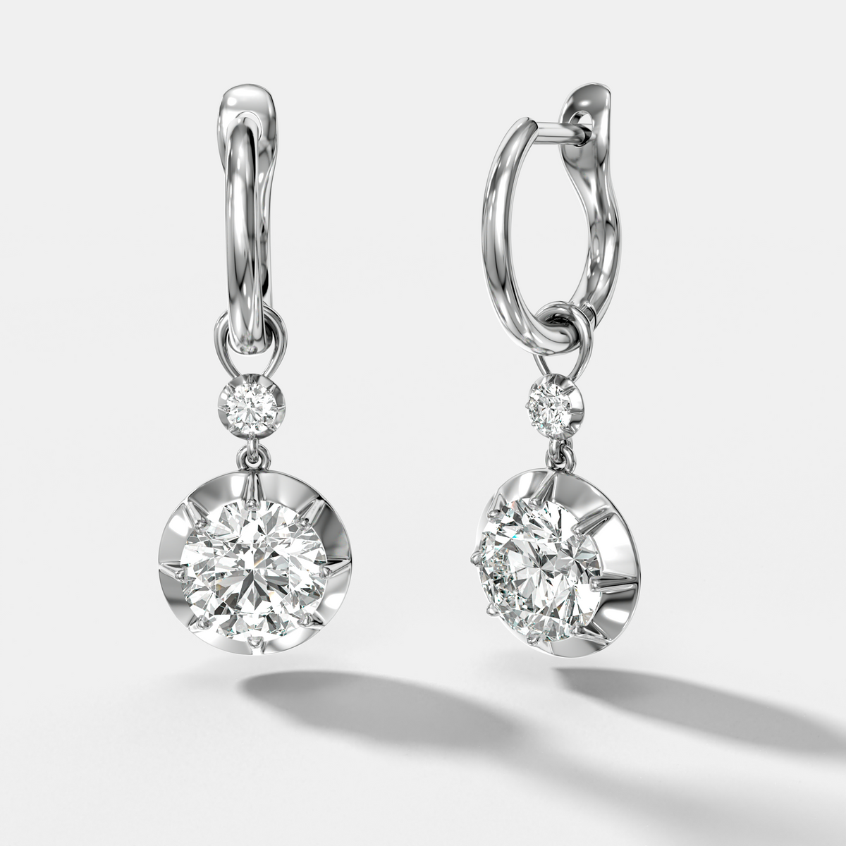 Reversed Tiered Button Back Drop Huggies with Round Cut Diamonds