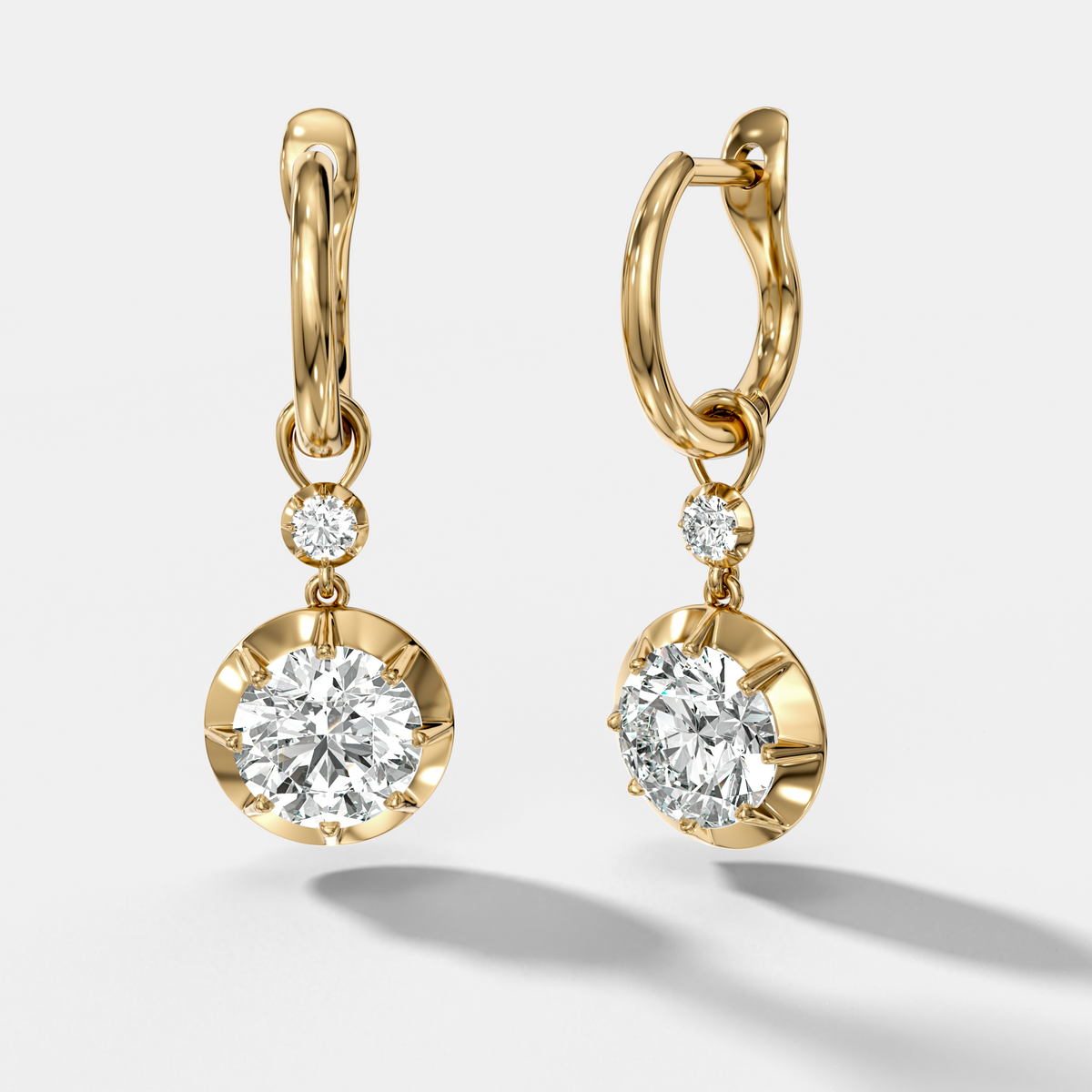 Reversed Tiered Button Back Drop Huggies with Round Cut Diamonds