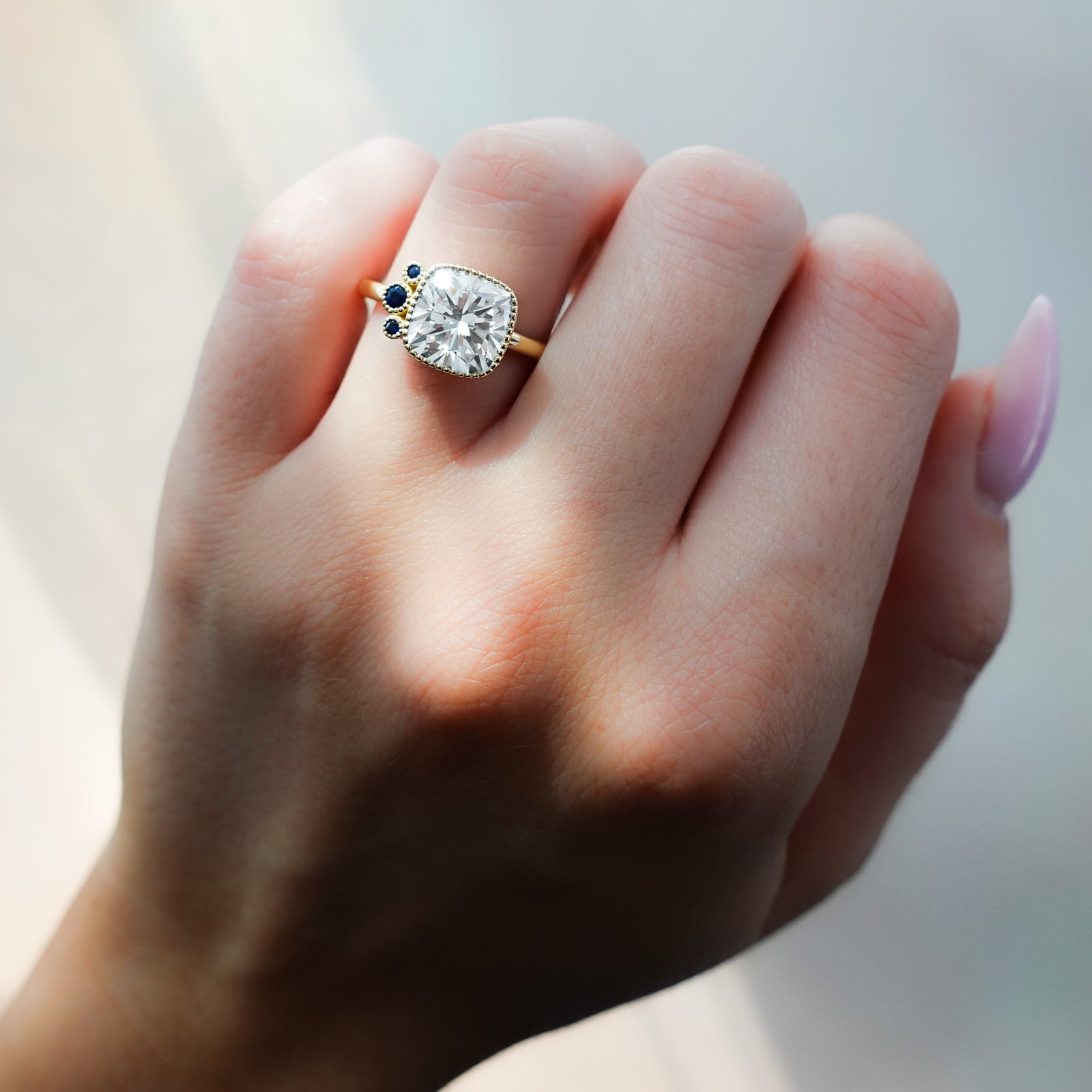 Blue Cluster Engagement Ring With Cushion Cut by Good Stone in Yellow Gold