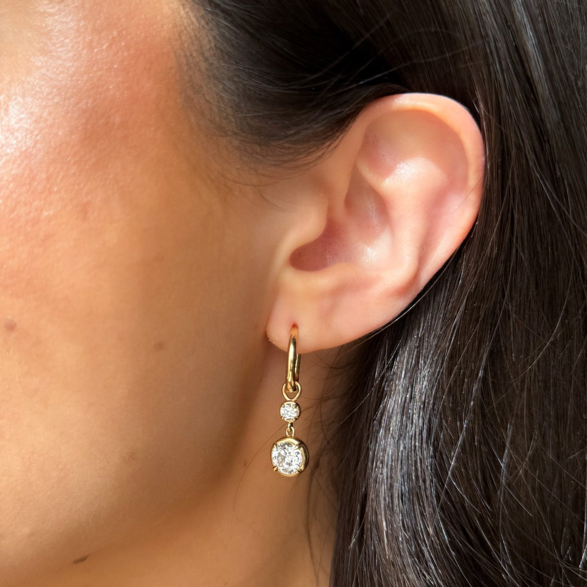 Alternating Mini Tiered Bezel Drop Huggies with Round Cut Diamonds - GOODSTONE