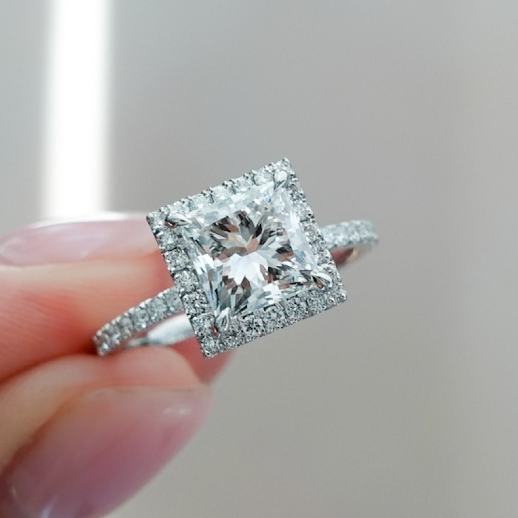 Aurora Pavé Halo Engagement Ring With Princess Cut Diamond - GOODSTONE