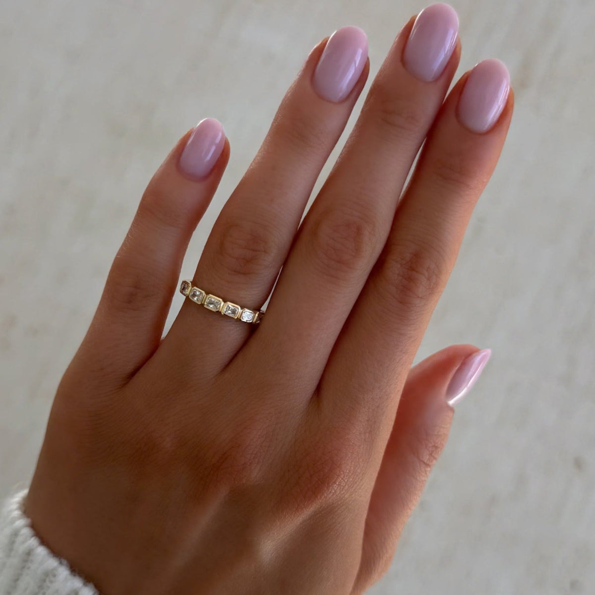 Baby Bezel Set Halfway Wedding Band With East West Radiant Cuts - GOODSTONE