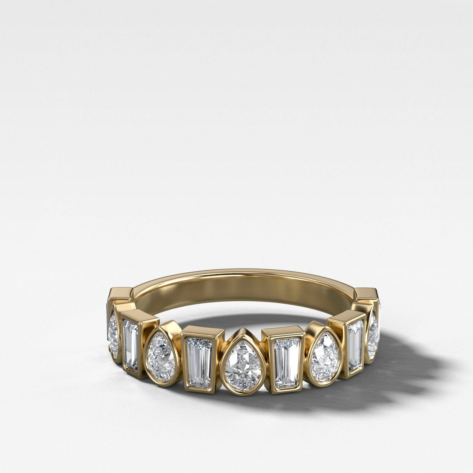 Baby Bezel Set Halfway Wedding Band with Pear and Tapered Baguette Diamonds - GOODSTONE