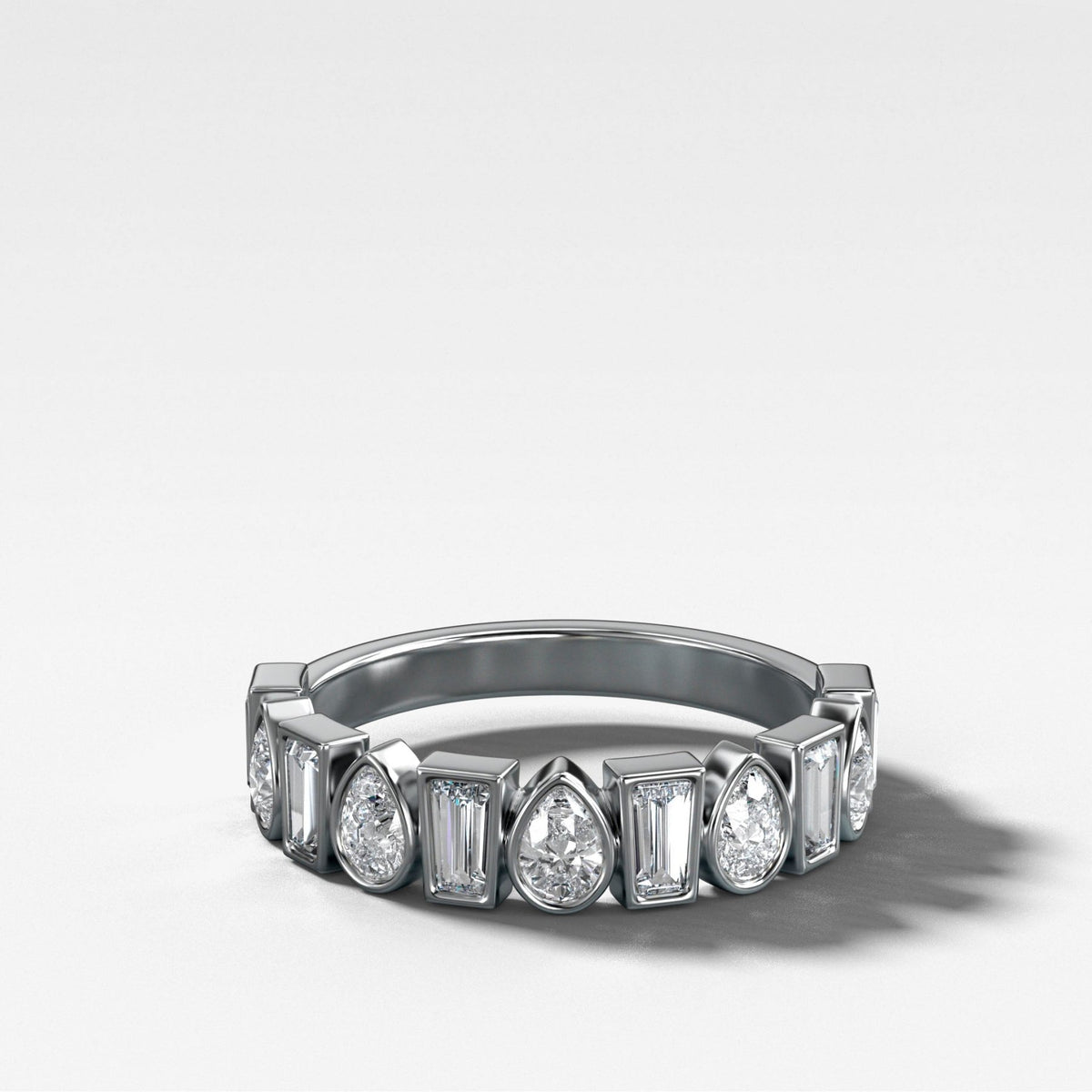 Baby Bezel Set Halfway Wedding Band with Pear and Tapered Baguette Diamonds - GOODSTONE