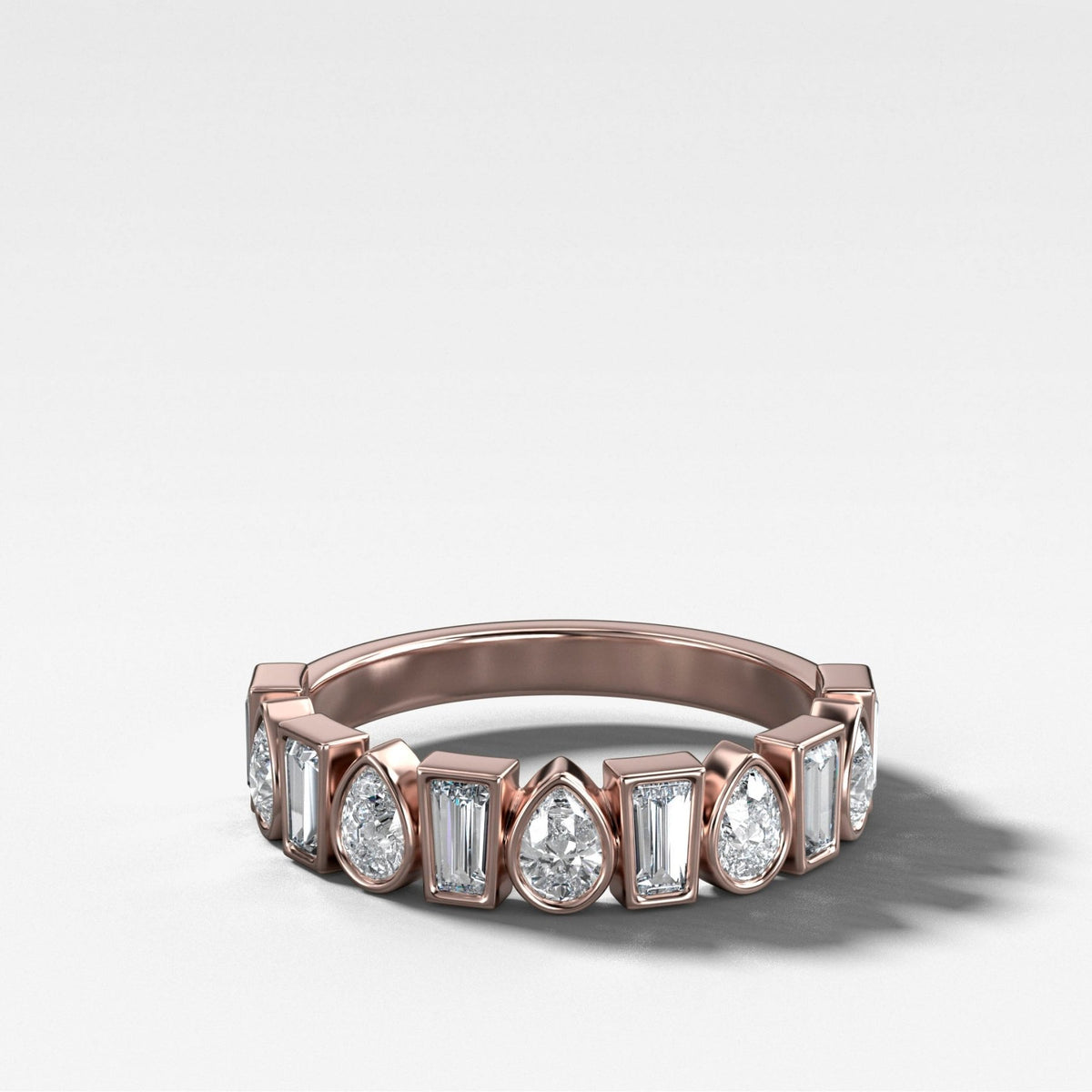 Baby Bezel Set Halfway Wedding Band with Pear and Tapered Baguette Diamonds - GOODSTONE