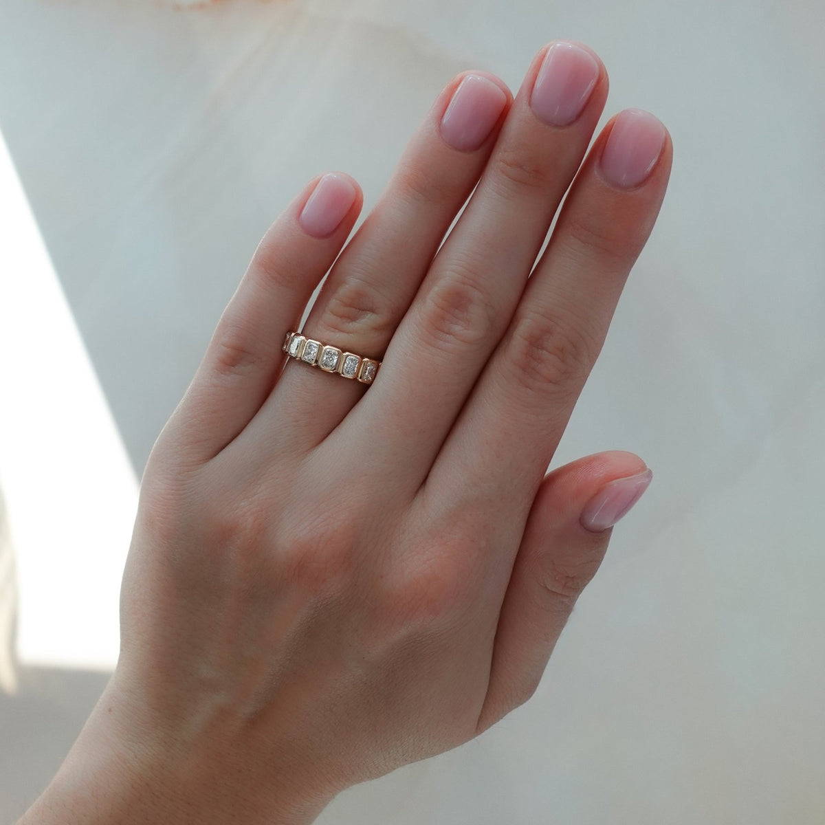 Baby Bezel Set Halfway Wedding Band With Radiant Cuts - GOODSTONE