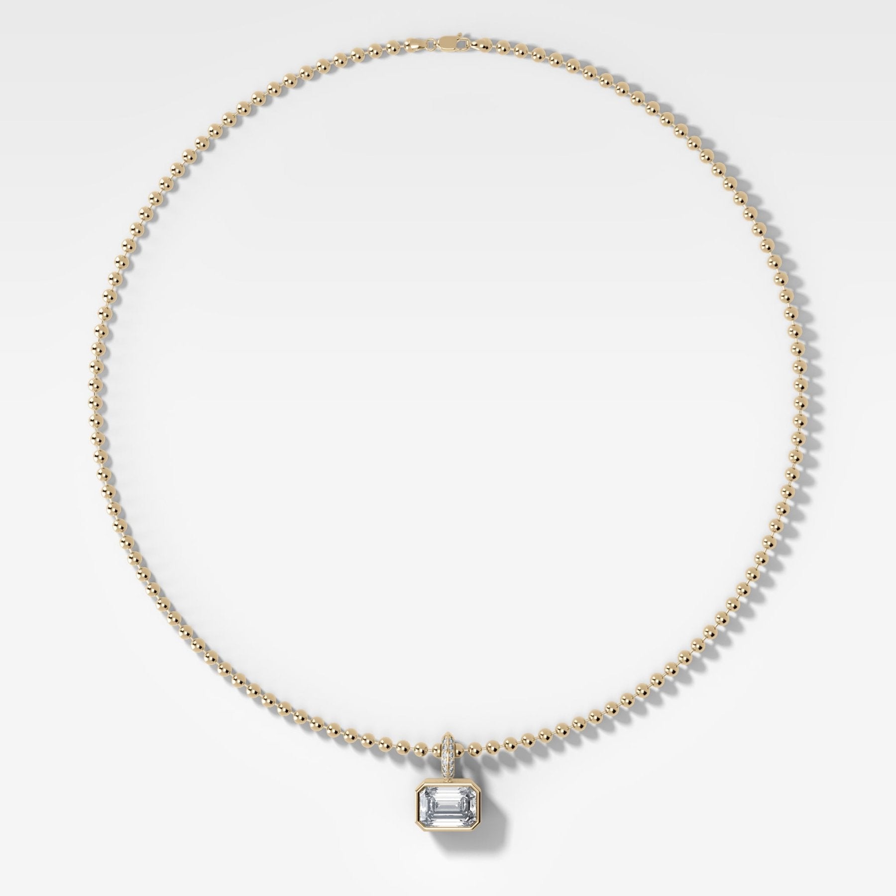 Bezel Set East West Emerald Attachable Diamond Pendant with Pavé Knife Edge Bail and Beaded Chain (3mm) - GOODSTONE