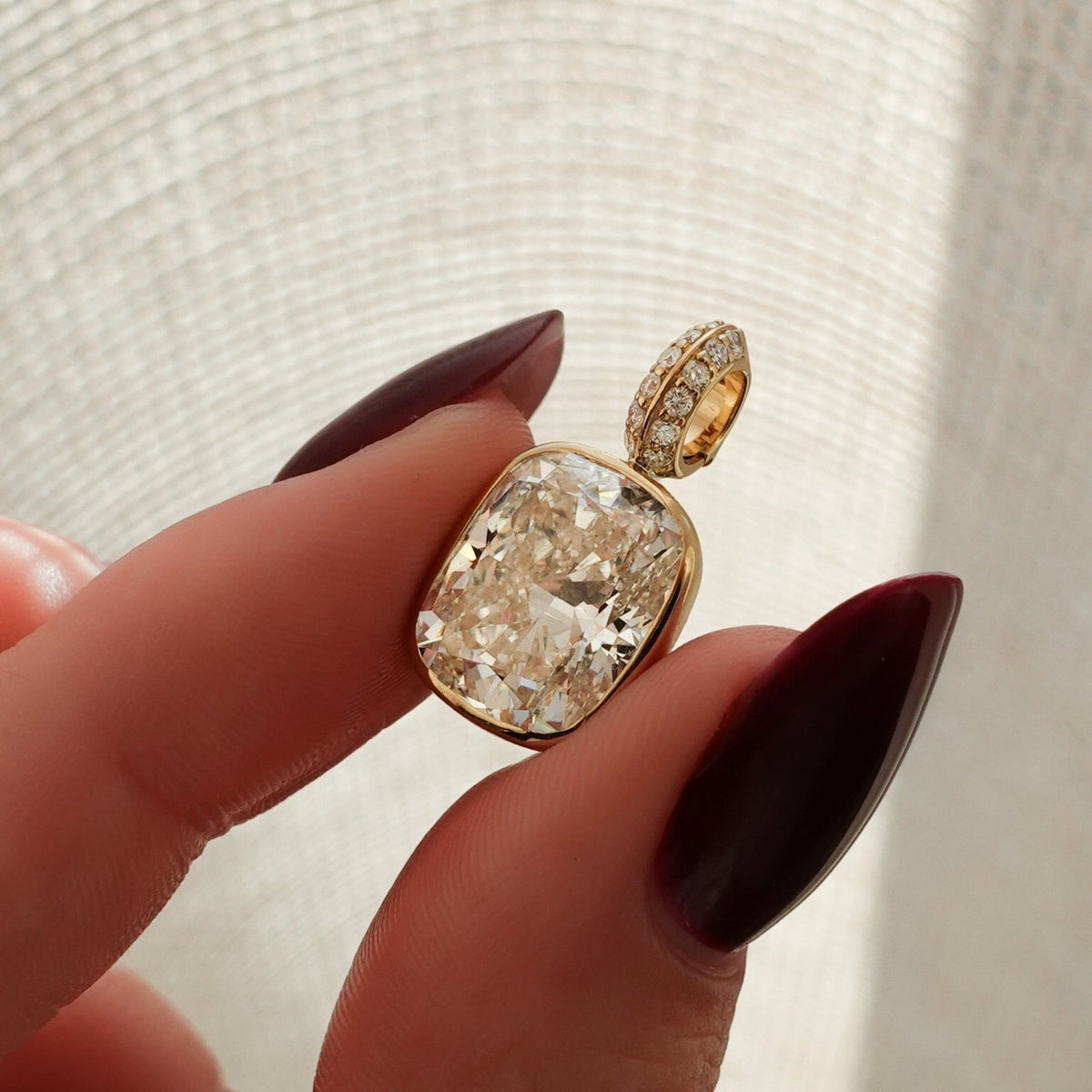 Bezel Set Elongated Cushion Attachable Diamond Pendant with Pavé Knife Edge Bail - GOODSTONE