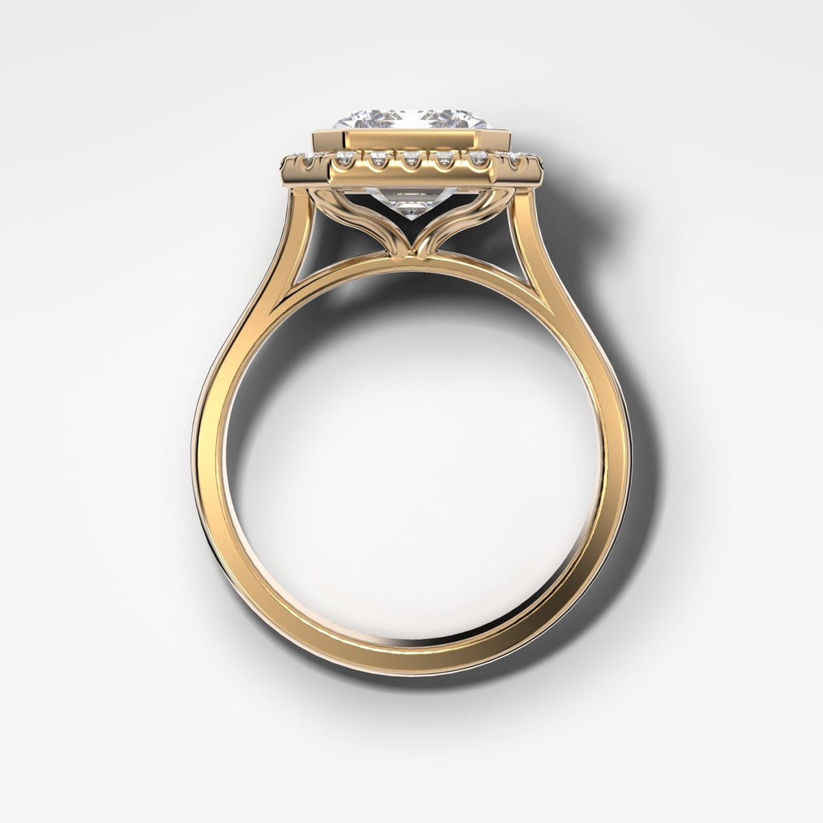 Bezel Set Halo Engagement Ring With Emerald Cut Diamond - GOODSTONE