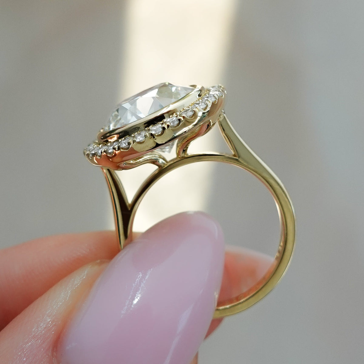 Bezel Set Halo Engagement Ring With Old Euro Cut Diamond - GOODSTONE