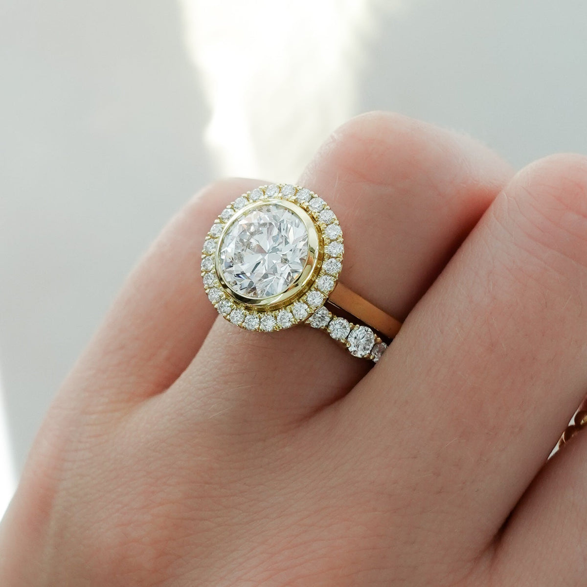 Bezel Set Halo Engagement Ring With Round Cut Diamond - GOODSTONE