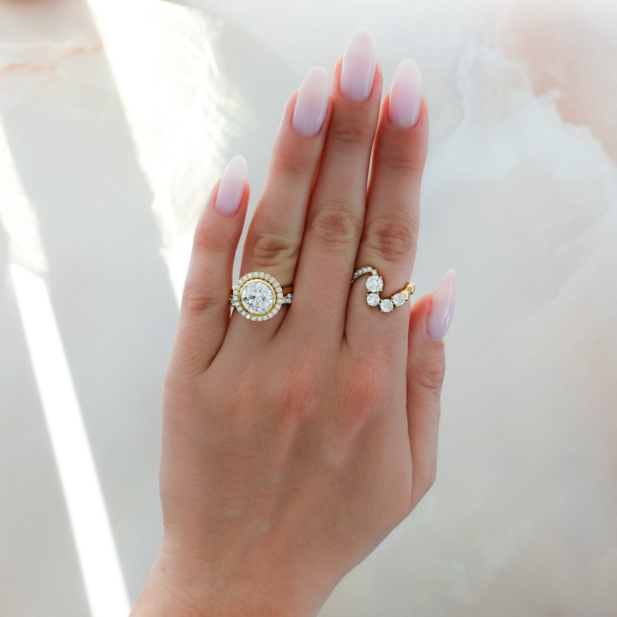 Bezel Set Halo Engagement Ring With Round Cut Diamond - GOODSTONE