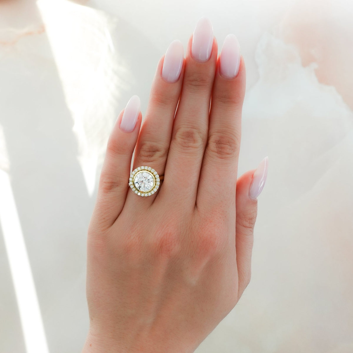 Bezel Set Halo Engagement Ring With Round Cut Diamond - GOODSTONE